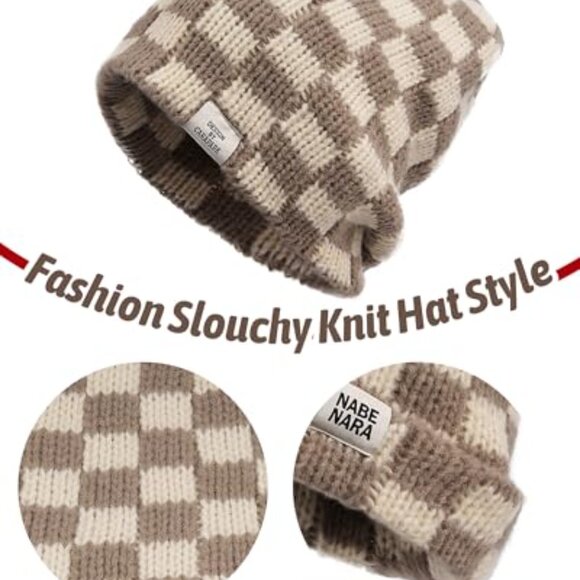 Slouchy Knit Beanie Skull Cap Cuffed Plaid Winter Hat Unisex Warm main image 4